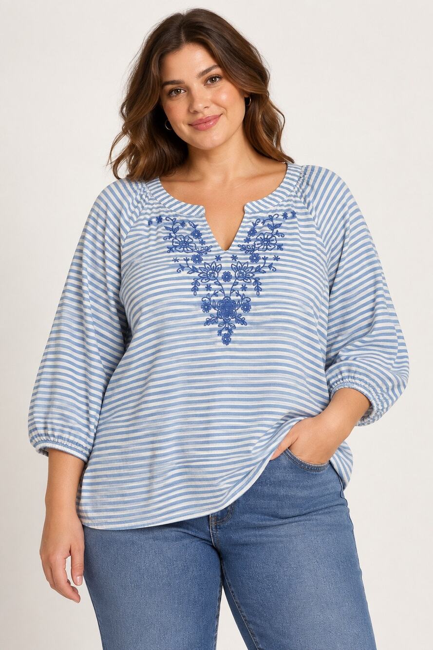 St. John’s Bay Blue & White Striped Embroidered Blouse